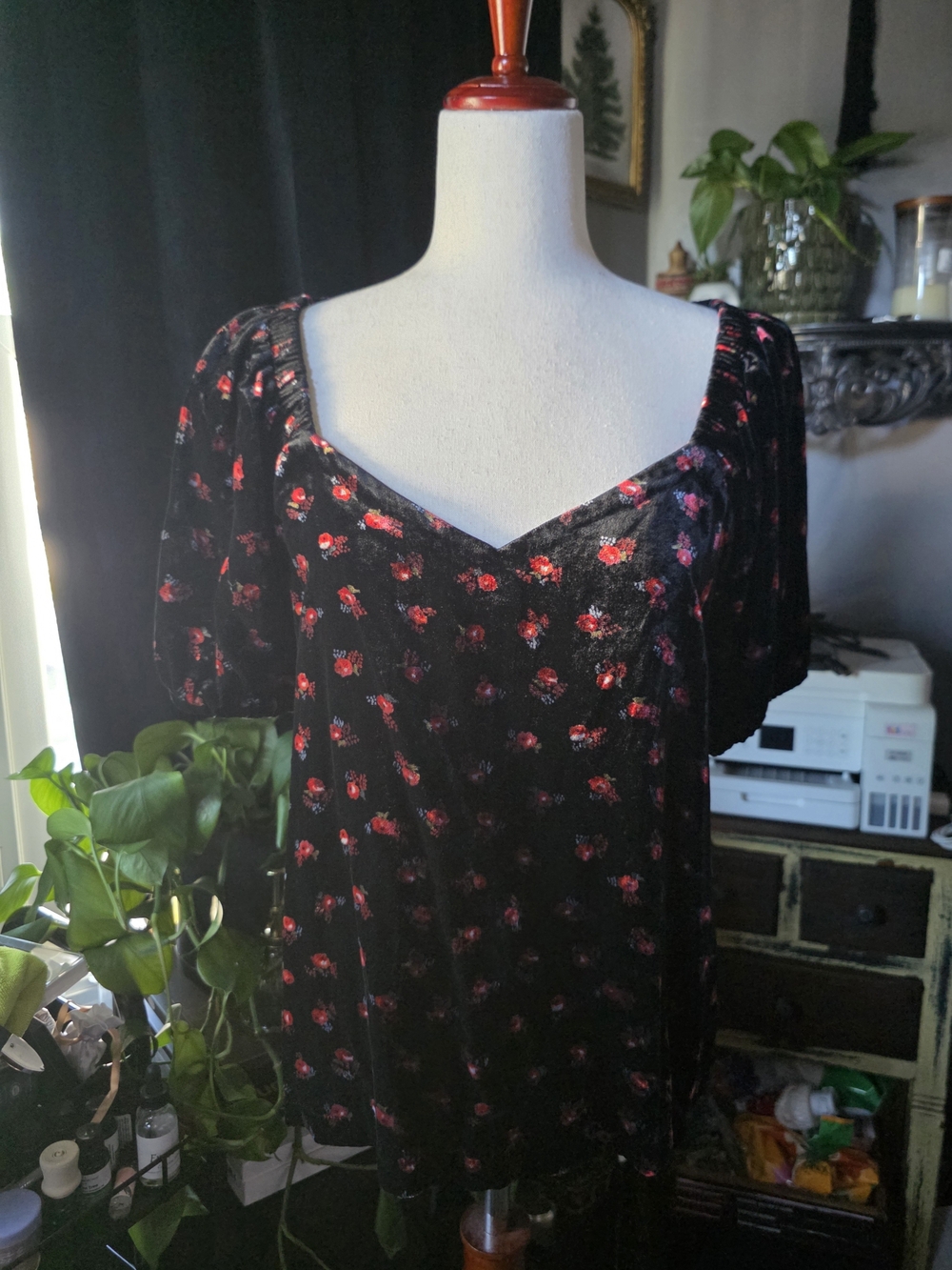 LOFT Black Velvet Top with Small Red Floral Print